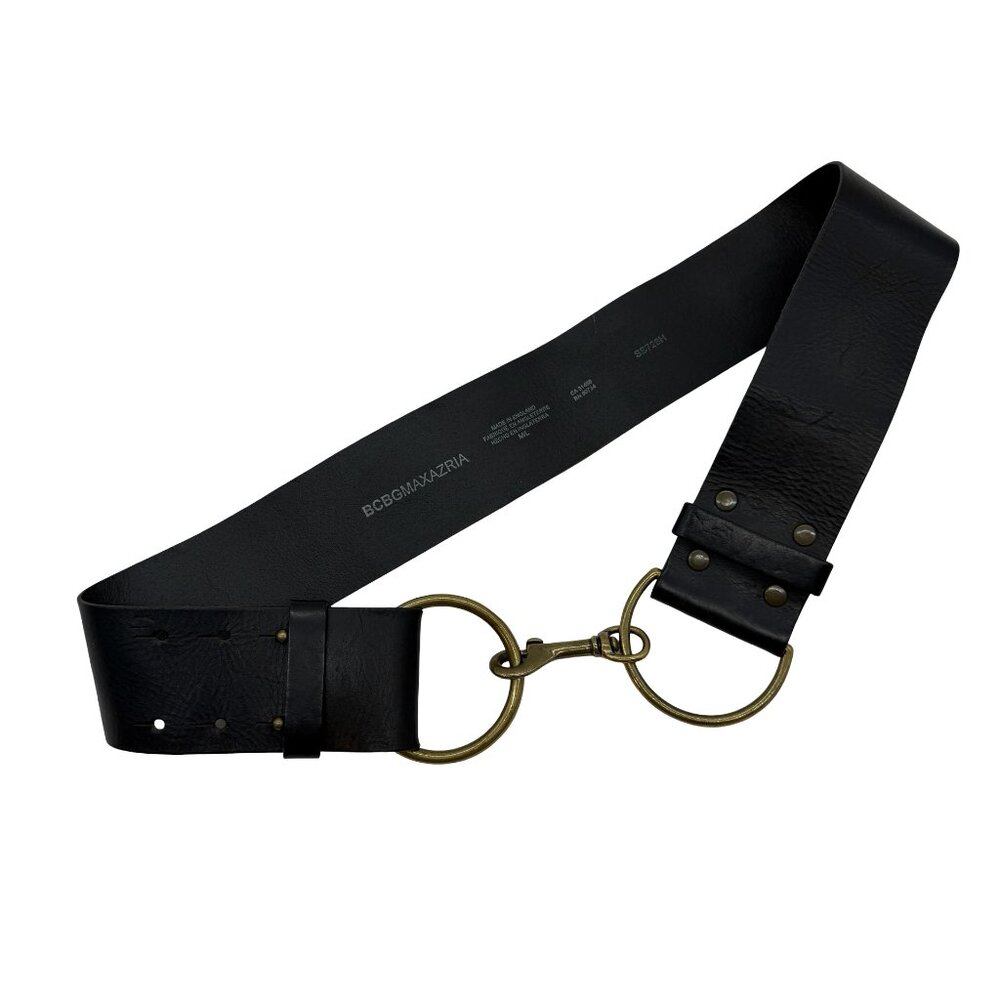 BCBG Wide Black Leather Brass Ring Belt Size Medium Large